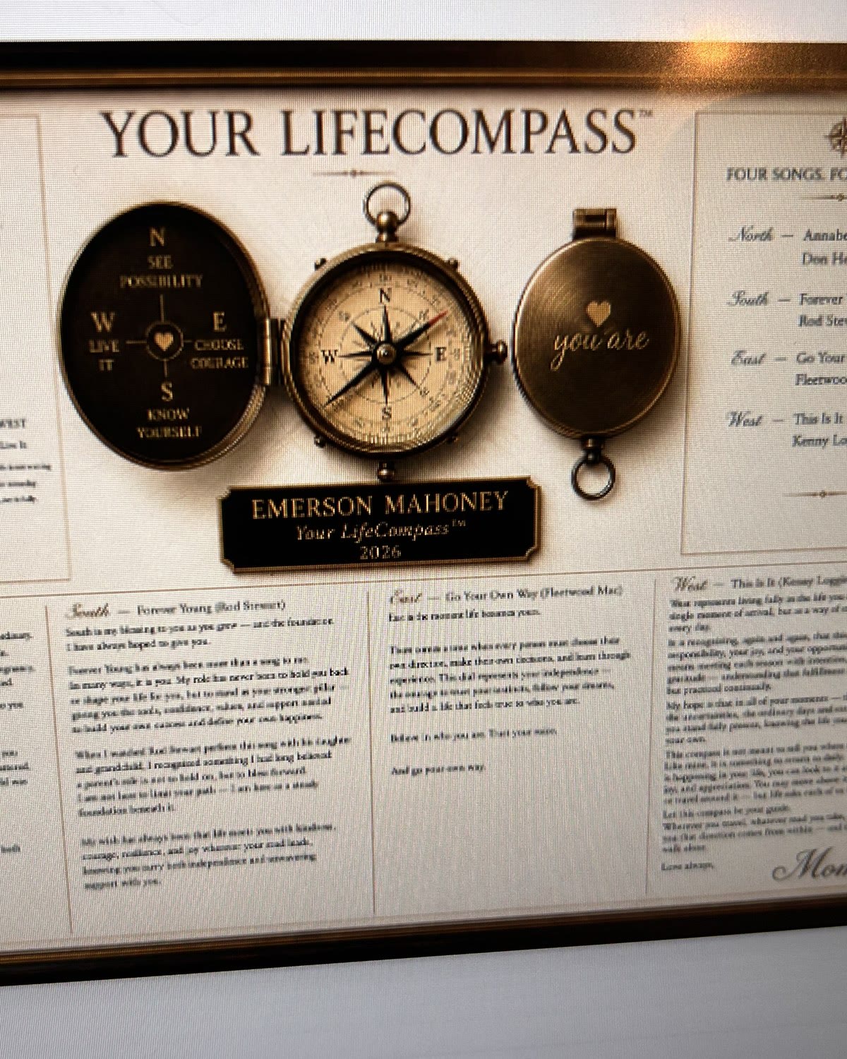 A framed, personalized LifeCompass keepsake